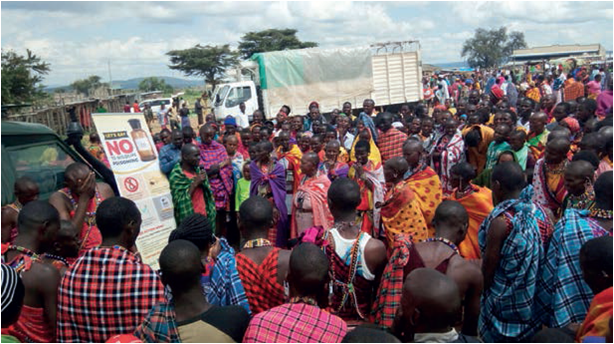 Nature Kenya’s Simon Shati speaks about the dangers of wildlife
poisoning during a community outreach at the Naikarra market, Narok
County. PHOTO: REBECCA IKACHOI